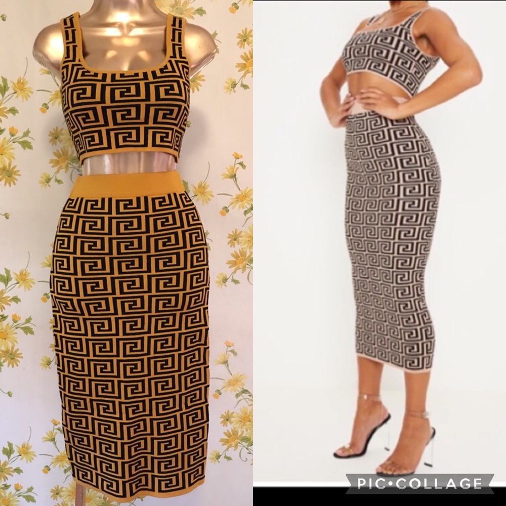 NWT 2-Piece Black & mustard Jacquard Monogram Crop Top & Skirt Set one size